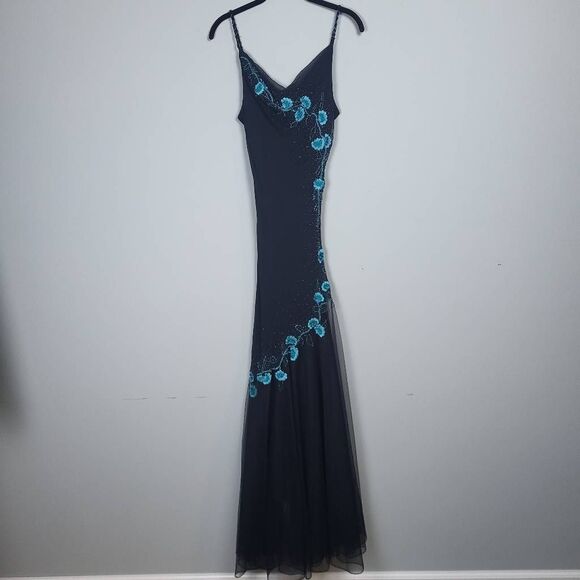 Xscape Dresses & Skirts - Vintage Xscape Joanna Chen 8 Silk Floral Beaded Gown Black Blue Fairy Whimsygoth